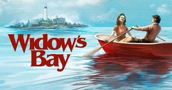 Illustration officielle de la série Widow's Bay présentant un couple dans une barque rouge devant un paysage côtier.