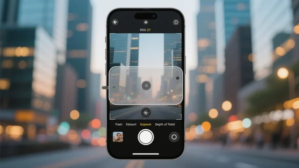 Écran d'iPhone affichant l'interface de l'appareil photo iOS 27 avec un tiroir de widgets transparent glissant depuis le bas, montrant des réglages de flash, exposition et profondeur de champ, fond flou d'un paysage urbain