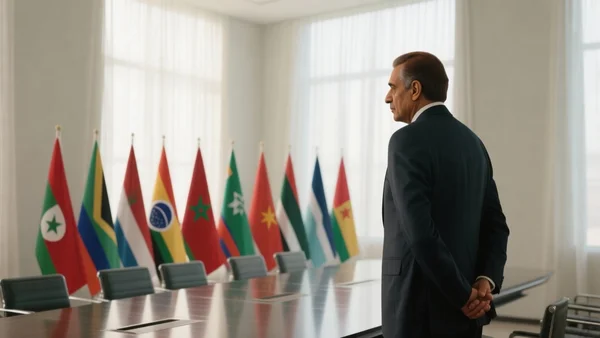 Drapeaux des pays membres des BRICS alignés sur une table de conférence, salle de réunion diplomatique sobre, lumière naturelle