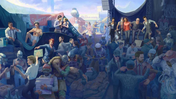 Art promotionnel de Control illustrant le chaos et l'atmosphère unique du jeu, signature du studio Remedy.