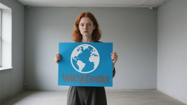 Capture d'écran de la page d'accueil de Wikipédia en grève, logo vide et message de protestation, tons bleus et gris
