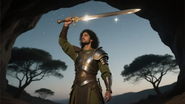 Personnage pixelisé en armure brandissant une épée scintillante devant un ciel étoilé, arbres et cavernes en arrière-plan, style 2D rétro