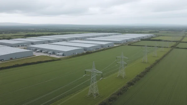 Vue aérienne d'un vaste champ de datacentres en Irlande, bâtiments gris aux toits plats, lignes électriques et transformateurs au premier plan, ciel nuageux