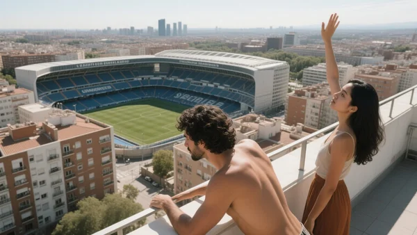 Vue aérienne du quartier résidentiel de Chamartín avec le stade Bernabéu au centre, immeubles d'habitation entourant l'enceinte, scène urbaine en plein jour