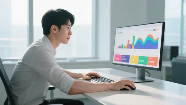 Jeune homme assis à un bureau regardant un écran d'ordinateur avec des graphiques de dépenses et des catégories colorées, intérieur lumineux moderne