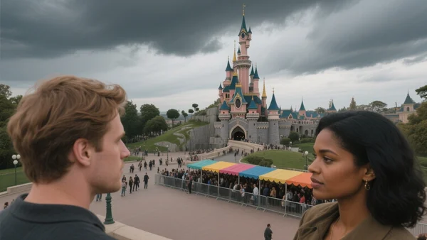Vue aérienne de l'entrée de Disneyland Paris avec le château de la Belle au bois dormant en arrière-plan, files de visiteurs sous un ciel nuageux, ambiance menaçante