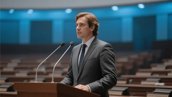 Laurent Nuñez au micro à l'Assemblée nationale, pupitre et hémicycle en arrière-plan, lumière bleutée, plan américain