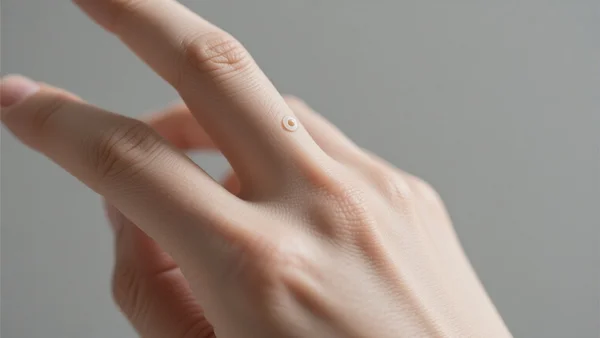 Main d'une personne avec un petit implant NFC visible sous la peau de la zone entre le pouce et l'index, léger renflement sous-cutané, lumière naturelle douce, fond neutre gris clair