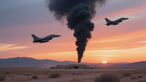 Fumée noire s'élevant d'une base militaire au coucher du soleil, avions de combat dans le ciel, paysage désertique
