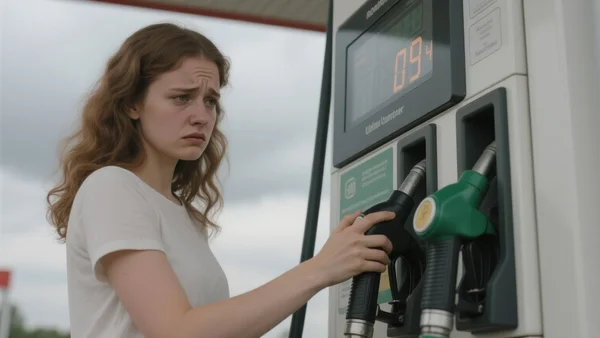 Jeune femme faisant le plein d'essence dans une station-service, regard inquiet sur le prix affiché sur la pompe, ciel gris