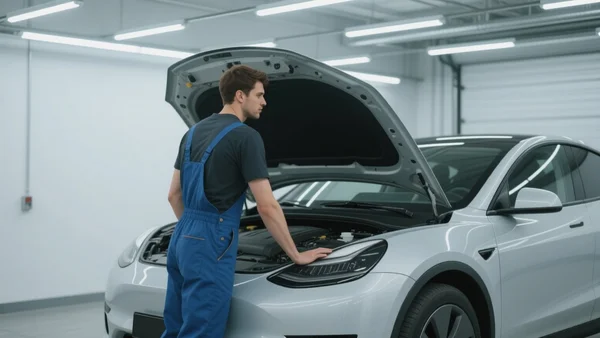 Mécanicien en combinaison bleue ouvrant le capot d'une voiture électrique dans un garage moderne, néons au plafond