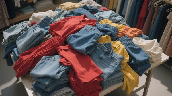 Grande pile de vêtements colorés sur une table de friperie, jeans, robes et chemises entassés, lumière naturelle du jour, vue plongeante