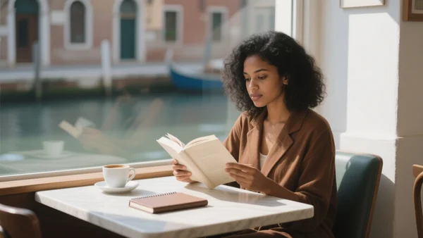 Jeune femme lisant un livre dans un café cosy avec vue sur un canal, tasses et carnet sur la table, ambiance chaleureuse