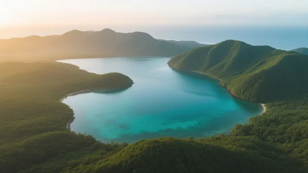 Vue aérienne de l'île de Mayotte avec son lagon turquoise et ses montagnes verdoyantes, lumière du matin