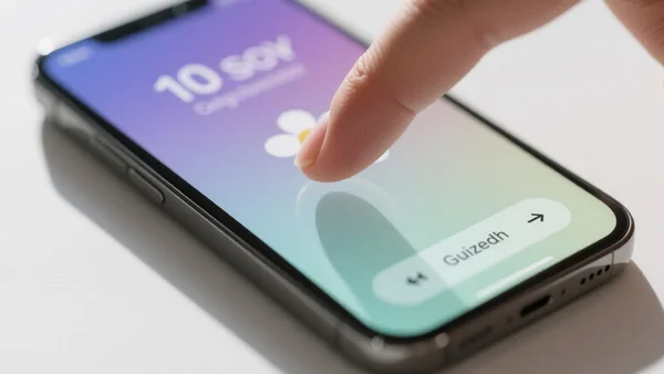Écran de smartphone affichant un minuteur de 10 secondes sur fond apaisant, avec l'icône d'une petite fleur et un bouton de respiration guidée, doigt d'utilisateur suspendu au-dessus