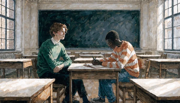 Lycéens en classe, certains écoutant le professeur, d'autres écrivant sur leurs cahiers, tableau noir au fond, lumière naturelle traversant les fenêtres