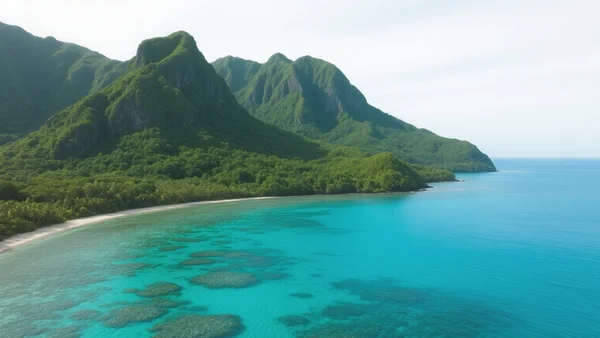 Vue panoramique des paysages de Nouvelle-Calédonie avec des montagnes verdoyantes plongeant dans un lagon turquoise cristallin