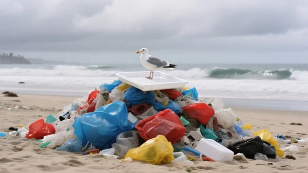 Montagne de déchets plastiques sur une plage californienne, un goéland perché sur une barquette en polystyrène blanc, ciel gris et vagues à l'arrière-plan