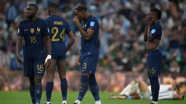 Des joueurs de l'équipe de France déçus après un match, sur la pelouse.
