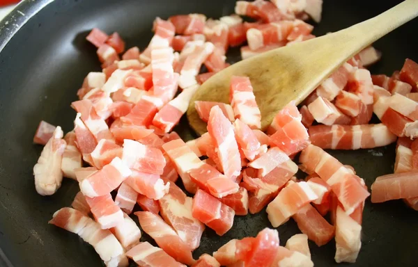 Des lardons en train de cuire dans une poêle, illustrant le produit concerné par le rappel.