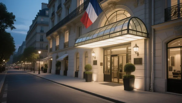 Façade majestueuse d'un hôtel de luxe parisien avec marquise et drapeau, entrée illuminée en soirée, trottoir chic
