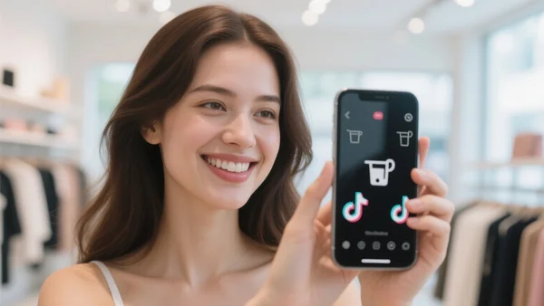 Jeune femme souriante tenant son smartphone dans une boutique, l'écran affiche une vidéo TikTok avec des icônes d'achat, lumière naturelle