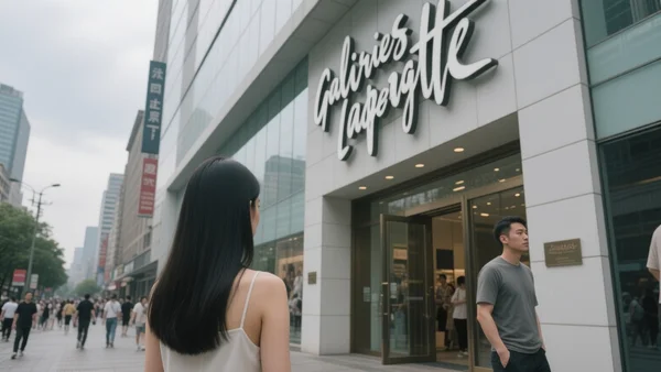 Façade des Galeries Lafayette à Pékin, quartier de Xidan, bâtiment moderne avec l'enseigne visible, rue animée, jour nuageux