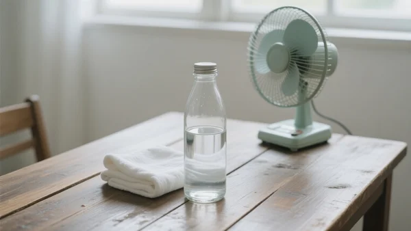 Gros plan sur une bouteille d'eau en verre posée sur une table en bois, avec un linge humide devant un petit ventilateur, lumière naturelle tamisée d'une pièce