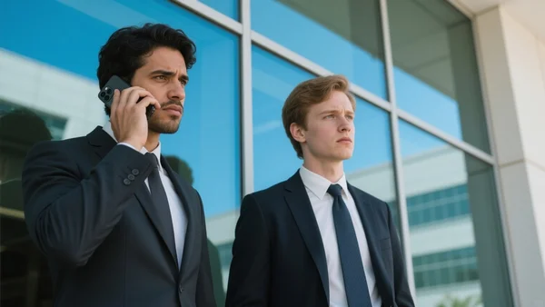 Deux jeunes entrepreneurs en costume-cravate devant une façade vitrée de la Silicon Valley, expressions tendues, téléphone à l'oreille