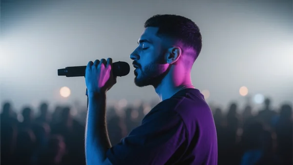 Khalid sur scène, micro à la main, lumière bleue et violette, public flou en contrebas, ambiance de concert