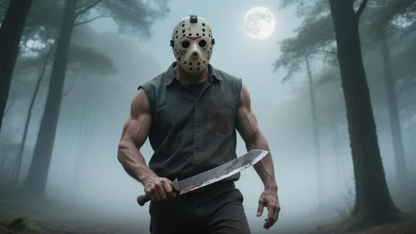 Jason Voorhees debout dans une forêt brumeuse, machette à la main, lumière de lune filtrant à travers les arbres, masque de hockey fissuré et taché, plan américain
