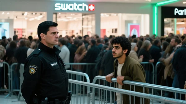 Foule dense et désordonnée devant une boutique Swatch au centre commercial Parly 2, jeunes poussant contre des barrières métalliques, lumière vive des néons, agents de sécurité en veste noire au premier plan