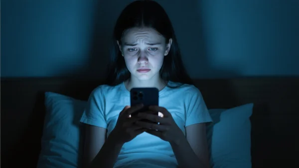 Adolescente regardant son téléphone d'un air inquiet dans sa chambre, lumière bleutée de l'écran éclairant son visage