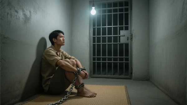 Homme enchaîné assis sur une natte dans une cellule vietnamienne exiguë, murs de béton gris, barreaux métalliques, ampoule nue au plafond, atmosphère oppressante