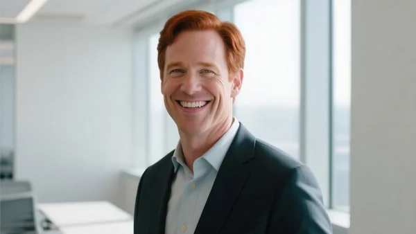 Campbell Brown souriant dans un bureau moderne, portrait professionnel en plan américain, lumière naturelle venant d'une fenêtre