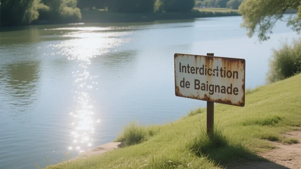 Rivière Oise sous un soleil de canicule, berge herbeuse et panneau d'interdiction de baignade rouillé, reflets éblouissants sur l'eau calme