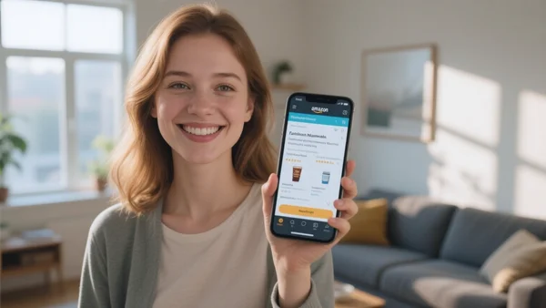 Jeune femme souriante parlant à son smartphone dans un salon moderne, l'écran affiche une page Amazon, lumière naturelle du jour, plan américain, décontracté