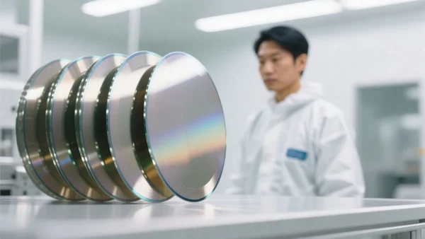 Premier plan de plaquettes de silicium dans une salle blanche, reflets métalliques, ouvrier en combinaison stérile flouté en arrière-plan