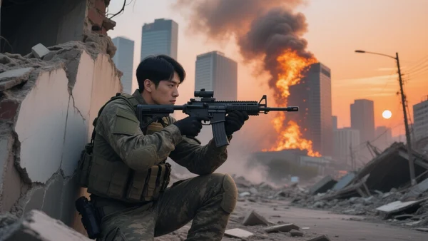 Soldat en tenue de combat visant avec un fusil d'assaut dans une rue dévastée de Séoul, immeubles en flammes et fumée en arrière-plan, lumière orangée du coucher de soleil