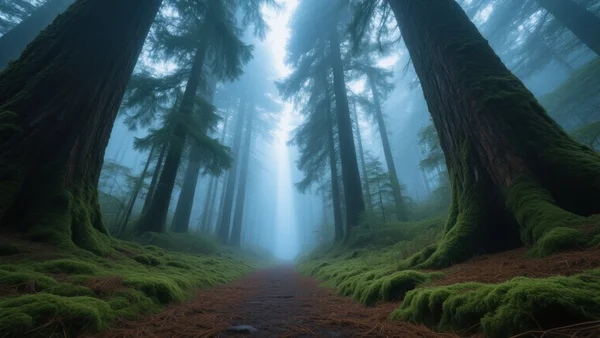 Vue en contre-plongée d'un sentier de randonnée étroit s'enfonçant dans une forêt dense et brumeuse, avec des pins immenses et une lumière froide et mystérieuse filtrant à travers les branches