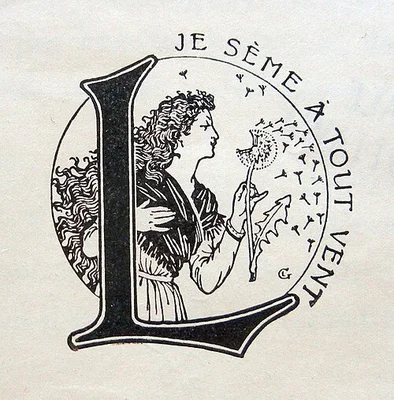 Logo historique de Larousse par E. Grasset, avec la devise 'Je sème à tout vent'.