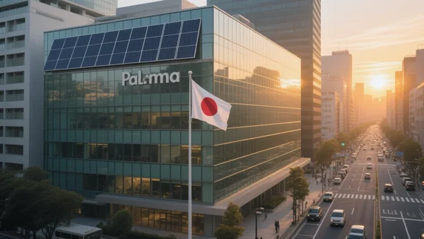 Siège social moderne de Paloma à Tokyo, façade vitrée et panneaux solaires, drapeau japonais, rue animée en arrière-plan, soleil couchant doré