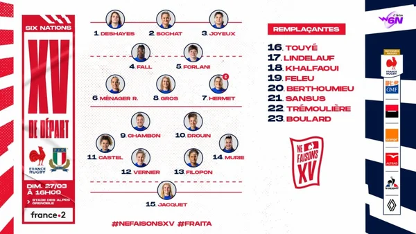 Le XV de départ des Bleues pour le match face à l'Italie.