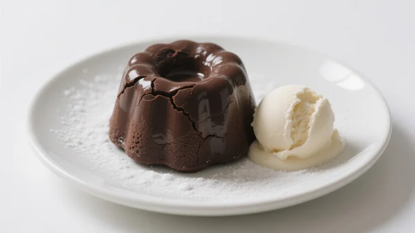 Fondant au chocolat coulant démoulé sur une assiette blanche, avec une boule de glace vanille à côté, saupoudré de sucre glace, éclairage chaud