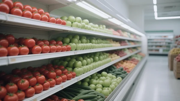 Étal de fruits et légumes bio dans un supermarché, tomates et pommes bien alignées, lumière blanche de néon, rayons bien remplis, ambiance de grande surface