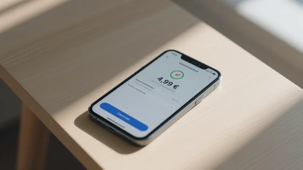 Gros plan sur un smartphone moderne posé sur une table en bois clair, affichant un écran de paiement réussi avec un montant de 4,99 €, éclairage naturel et lumineux