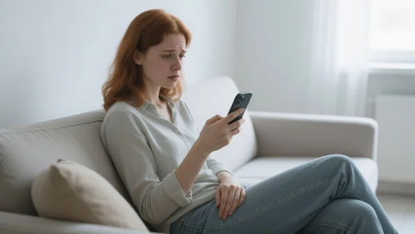 Jeune femme assise seule sur un canapé, regardant son téléphone d'un air pensif et anxieux, salon calme en journée, lumière froide