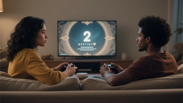 Groupe de joueurs réunis autour d'un écran dans un salon, manettes en main, écran affichant un écran de chargement de Destiny 2, atmosphère chaleureuse mais nostalgique