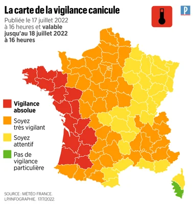 Carte de vigilance canicule de Météo France du 17 juillet 2022.
