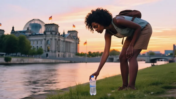 Touriste ramassant des déchets sur les berges de la Spree à Berlin, avec le dôme du Reichstag en arrière-plan, soleil couchant